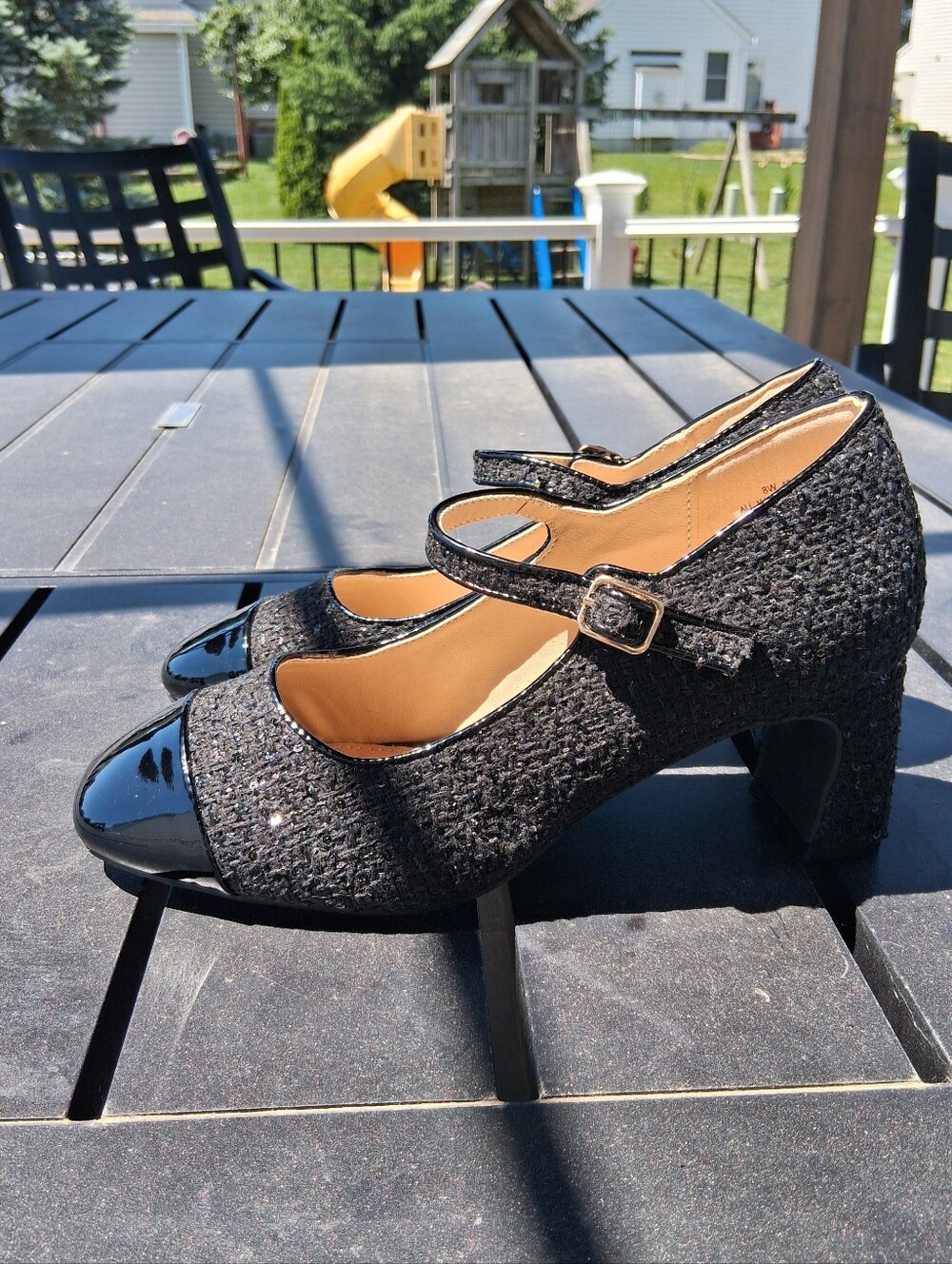 Black Mary Jane Heels with Patent Cap Toe - Picture 3 of 10
